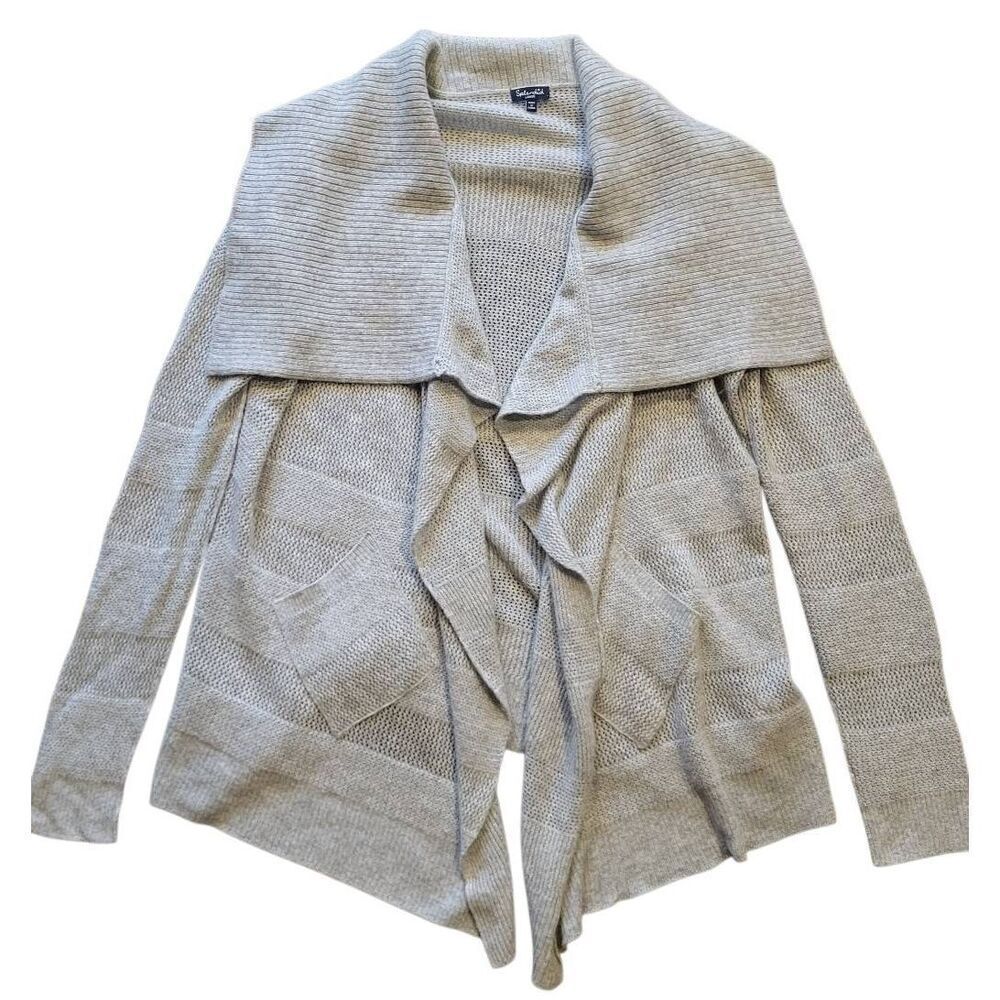 Splendid Cardigan Sweater Women's Large Grey Cashmere Drape Collar Open Stripe